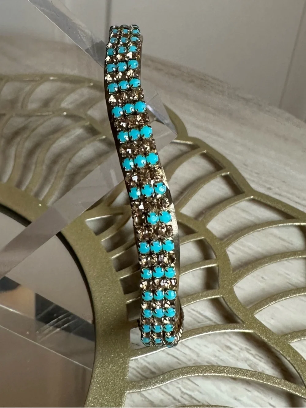 Turquoise Gold Rhinestone Bangle Bracelet Set 2 Pc Square Wavy Stack Glam Boho - Picture 6 of 9